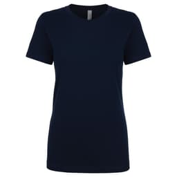 A navy women's boyfriend tee with short sleeves and a relaxed fit. It features a branding logo on the label.