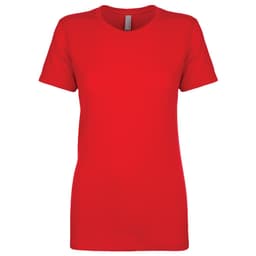 A red women's boyfriend tee featuring short sleeves and a classic crew neckline. It includes a branding label.