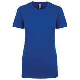 A blue women's boyfriend tee, featuring a classic crew neck and short sleeves, with a logo on the label.