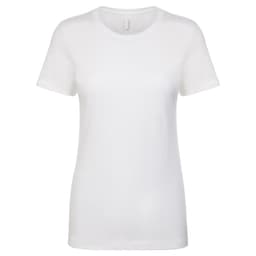 A white women's boyfriend tee with a round neck and short sleeves. The shirt features a logo.