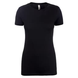 A black women's crew neck t-shirt with short sleeves and a fitted design, featuring a logo.
