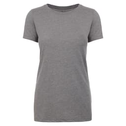 A women's short-sleeve crew neck t-shirt in a heather grey colour, featuring a logo.
