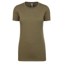 A short-sleeved women's t-shirt in olive green with a crew neckline and a branded label.