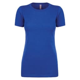 A blue women's CVC crew t-shirt with a classic fit and short sleeves. It features a logo on the label.