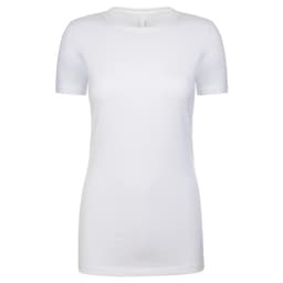A white women's crew neck t-shirt with short sleeves and a fitted design. It features a simple logo.