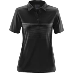 A black women's polo shirt featuring a striped pattern on the front and a logo on the side.