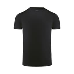 A black men's active tee with short sleeves and a round neckline, featuring a logo on the collar.