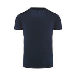 A navy blue men's active tee with a round neckline and short sleeves, featuring a logo on the inside neckline.