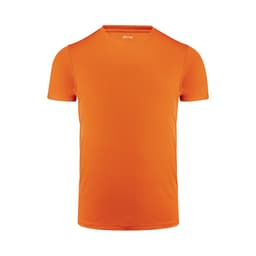 An orange men's active tee with a round neckline and short sleeves. The shirt features a logo on the front.
