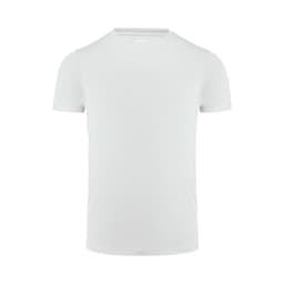 A plain white men's active t-shirt with short sleeves and a round neckline, featuring a logo.