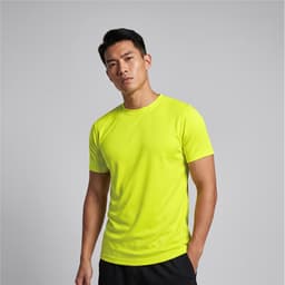 A model wearing a bright yellow active tee shirt, featuring a simple design and a logo on the chest.