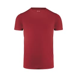 A red men's active tee with a crew neckline and short sleeves, featuring a logo on the neckline.