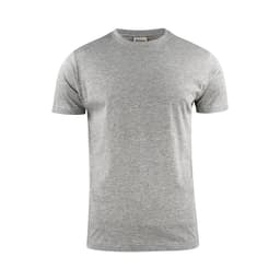 A grey men's t-shirt with a round neckline and short sleeves, featuring a branding logo on the label.