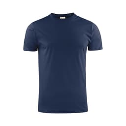 A navy blue men's t-shirt with a round neckline and short sleeves, featuring a logo.