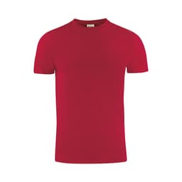 A red short-sleeved men's t-shirt featuring a logo on the tag.