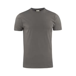 A grey men's t-shirt with a round neck and short sleeves, featuring a subtle logo on the label.