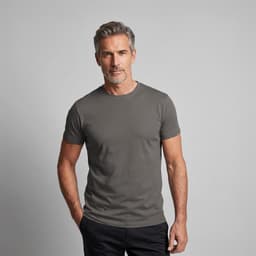 A grey Men's Printer 160 Tee displayed on a model, featuring a simple design and a round neckline.