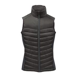 A women's thermal vest in dark green with a high collar and padded design, featuring side panels and a logo.