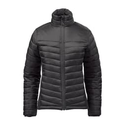 A women's thermal jacket in black, featuring a zip front and a stylish chevron design. It has a high neck and a branding logo.