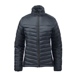 A women's thermal jacket in dark green with a zip front and padded design, featuring a high collar.