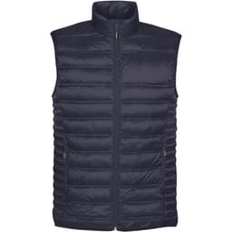 A dark navy thermal vest featuring a zip closure and a stand collar, with a branded logo.