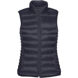 A women's thermal vest in dark navy, featuring a high collar and zippered front, with two side pockets.