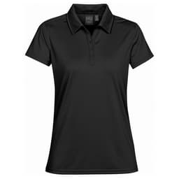 A black women's polo shirt with a collar, short sleeves, and a front placket. It features a logo on the label.