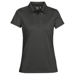 A women's polo shirt in dark grey with a collar and a logo on the label.