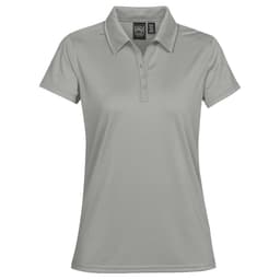 A light grey women's polo shirt with a collar and a logo on the label. Short sleeves and a fitted design.