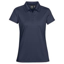A navy blue women's polo shirt with a classic collar and a logo on the label.