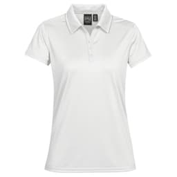 A white women's polo shirt featuring a classic collar and a logo on the chest.