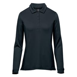 A black long-sleeve polo shirt featuring a collar and buttons, with a logo on the chest.