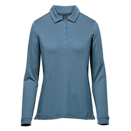 A long-sleeve women's polo in a soft blue colour with a collar and button front, featuring a logo.