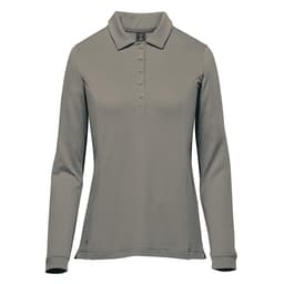 A long-sleeve women's polo in a muted grey tone, featuring a collar and buttons, along with a logo.