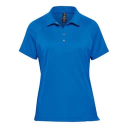 A women's polo shirt in vibrant blue, featuring a classic collar and a logo. Designed for sports and casual wear.