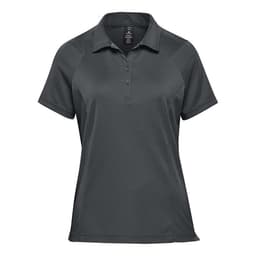 A women's polo shirt in dark grey, featuring a stylish design and a logo on the chest.