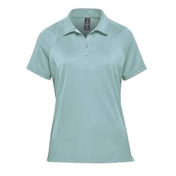 A women's polo shirt in a light teal colour with a three-button placket and a logo.