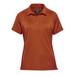 A women's polo shirt in a rich orange colour with a collar and short sleeves, featuring a logo.