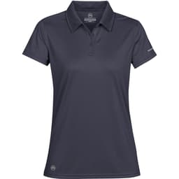 A women's polo shirt in dark grey with a collar and a logo on the hem.