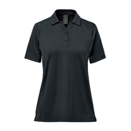 A women's polo shirt in a dark green colour, featuring a collar and short sleeves. The shirt includes a small logo.