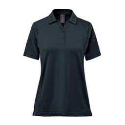 A women's polo shirt in dark green with a buttoned collar and short raglan sleeves, featuring a logo.
