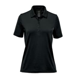 A black polo shirt featuring a collar, short sleeves, and a button placket. It has a logo on it.