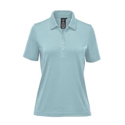 A light blue women's polo shirt with a collar and buttons, featuring a branded logo.