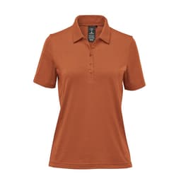 A women's polo shirt in a warm rust colour, featuring a classic collar and three-button placket. It has a logo.