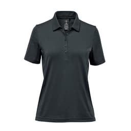 A dark green women's polo shirt with a classic collar and button front. It features a logo on the chest.