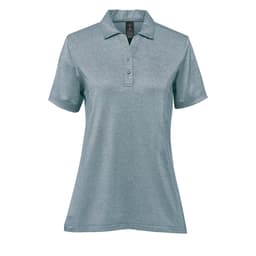 A women's polo shirt in a light blue shade with a collar and short sleeves, featuring a logo on the chest.