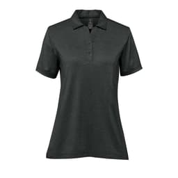 A women's short-sleeve polo in dark grey, featuring a classic collar and three buttons, with a logo on the chest.