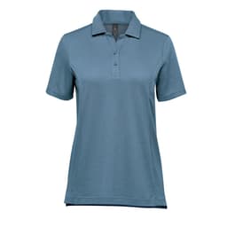 A women's polo shirt in a soft blue hue, featuring a collar and two-button placket, with a logo.