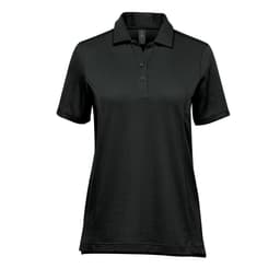 A black women's polo shirt with a collar and three buttons, featuring a logo on the chest.