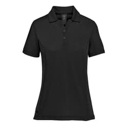 A black women's polo shirt featuring a collar and buttons, with a logo on the side.